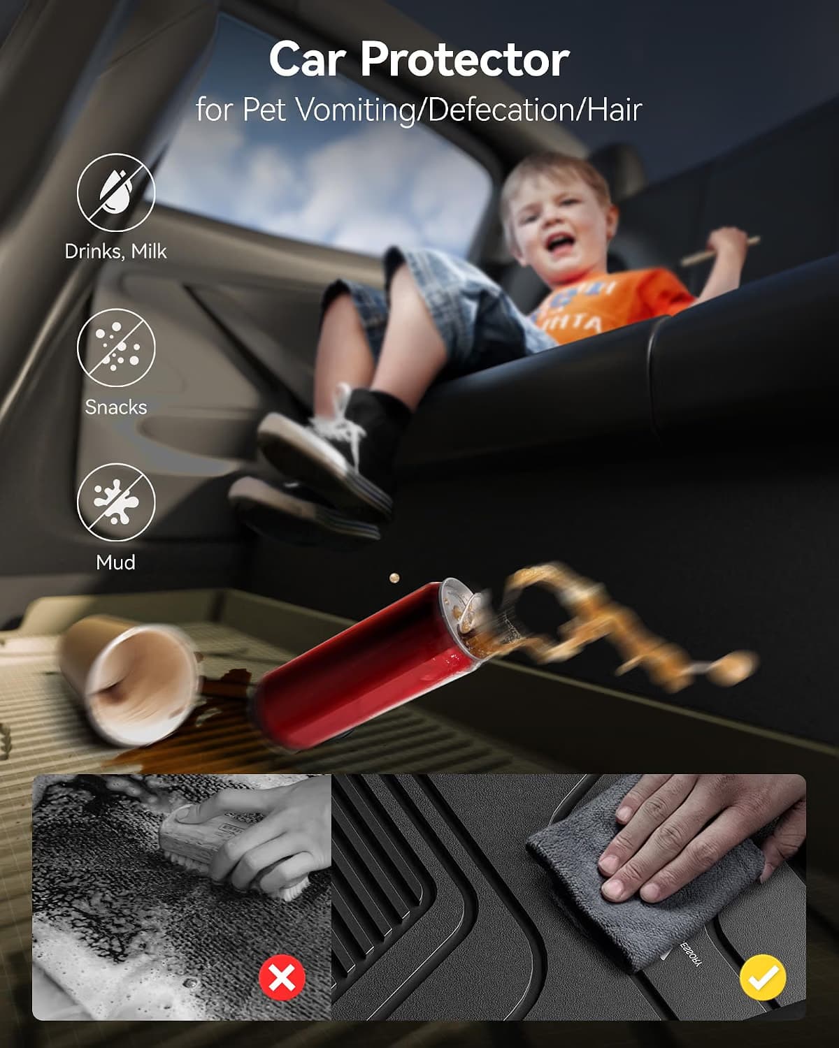 All-weather mat protecting a car interior from spills and mud